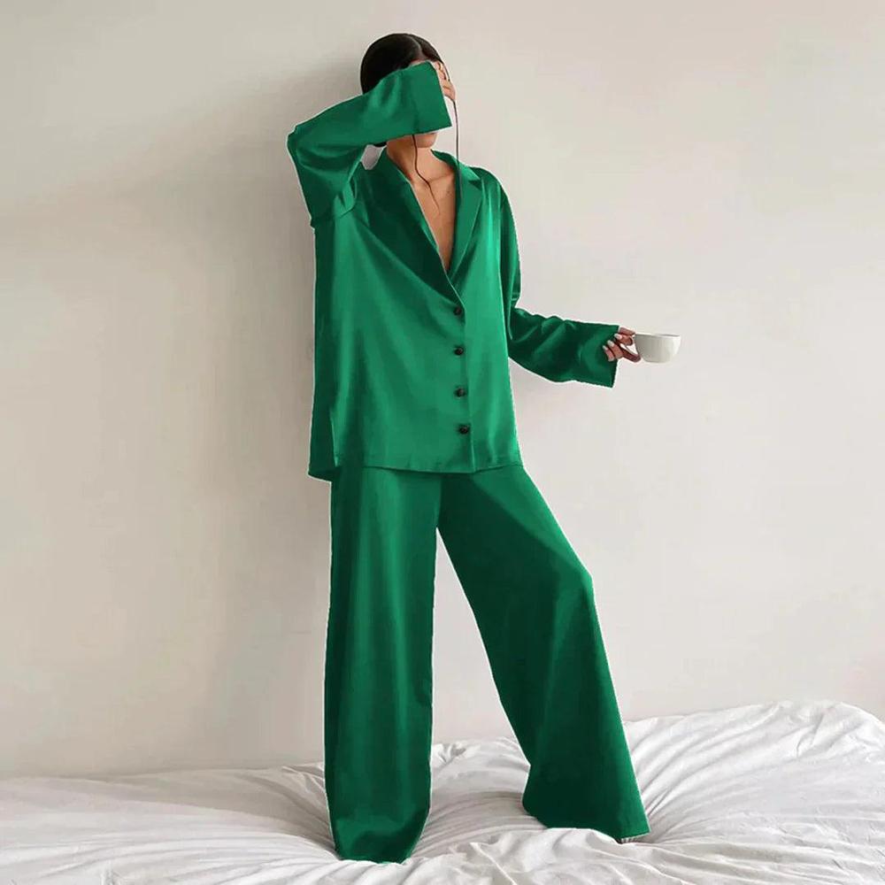 Ensemble de salon en satin pour femmes – Chemise ample et pantalon large confortable et élégant