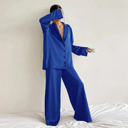 Ensemble de salon en satin pour femmes – Chemise ample et pantalon large confortable et élégant