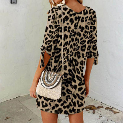 Robe courte pour femme à imprimé léopard en polyester léger – Idéale pour le printemps et l'été, col rond, confortable et élégante