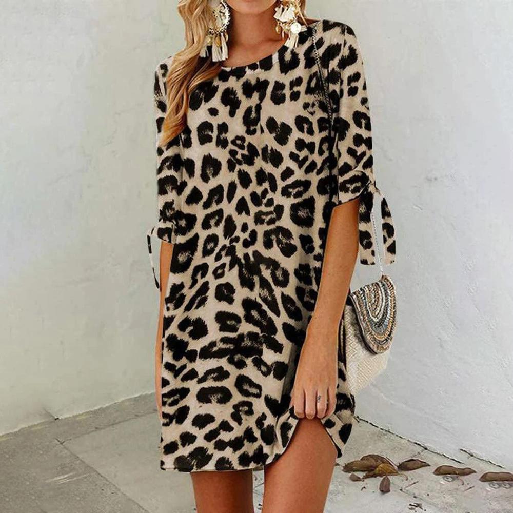 Robe courte pour femme à imprimé léopard en polyester léger – Idéale pour le printemps et l'été, col rond, confortable et élégante