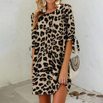Robe courte pour femme à imprimé léopard en polyester léger – Idéale pour le printemps et l'été, col rond, confortable et élégante