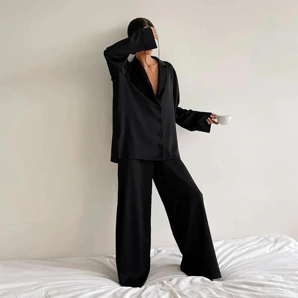 Ensemble de salon en satin pour femmes – Chemise ample et pantalon large confortable et élégant