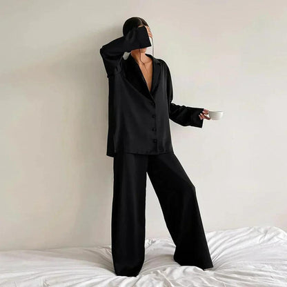 Ensemble de salon en satin pour femmes – Chemise ample et pantalon large confortable et élégant