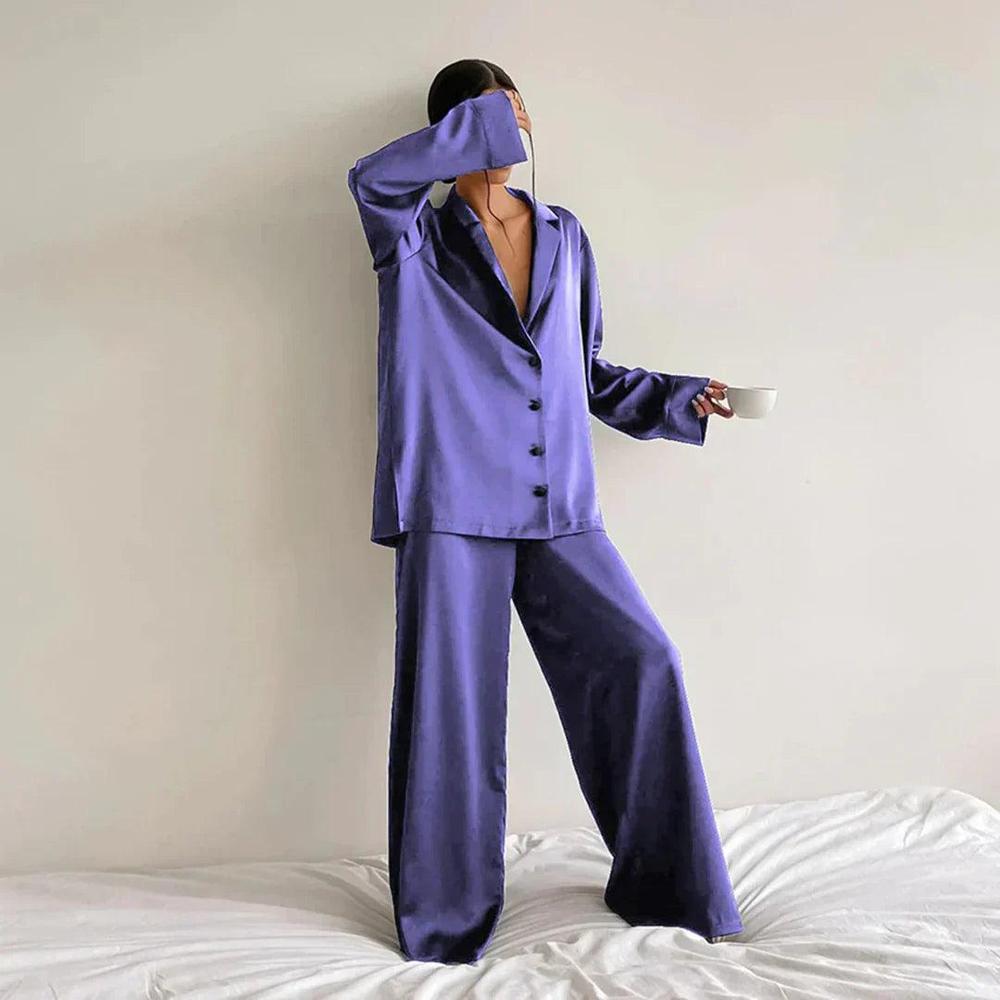 Variant image for Ensemble Lounge en Satin pour Femme – Chemise Ample et Pantalon Large Confortable et Élégant-29