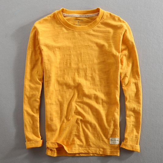 Men's Lightweight Slub Cotton Sweater - Crew Neck, Long Sleeves, Rolled Cuffs, Ideal for Spring and Autumn