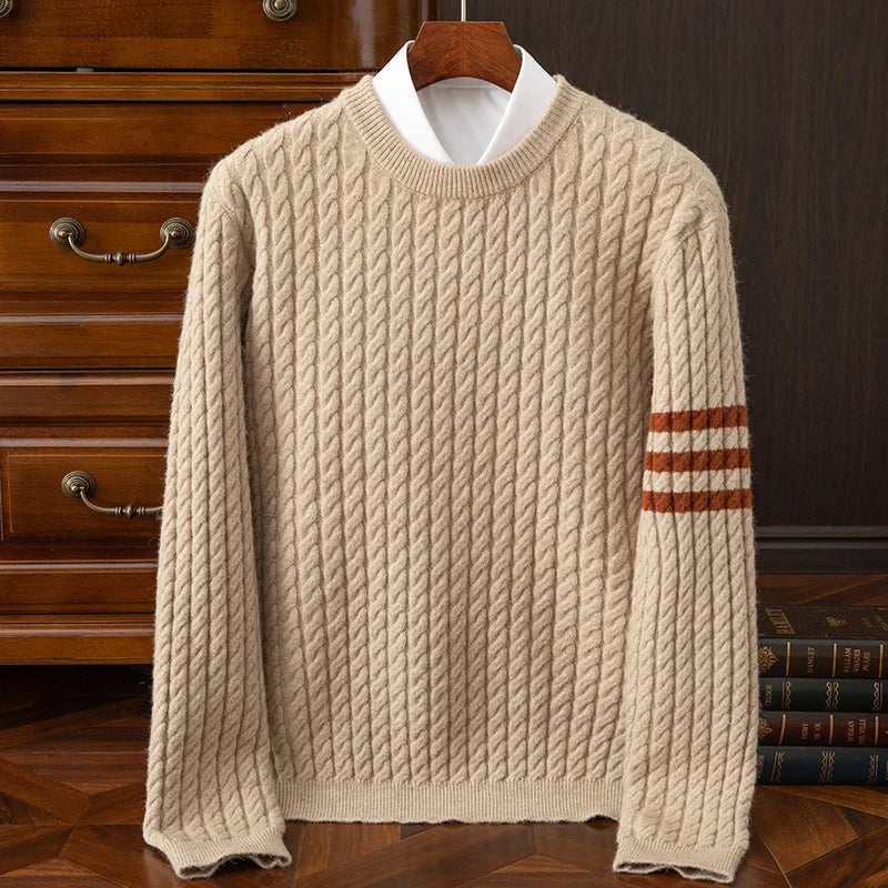 Pull pour homme en mélange de laine torsadée, col rond, parfait pour l'automne et l'hiver, détails côtelés et sportifs