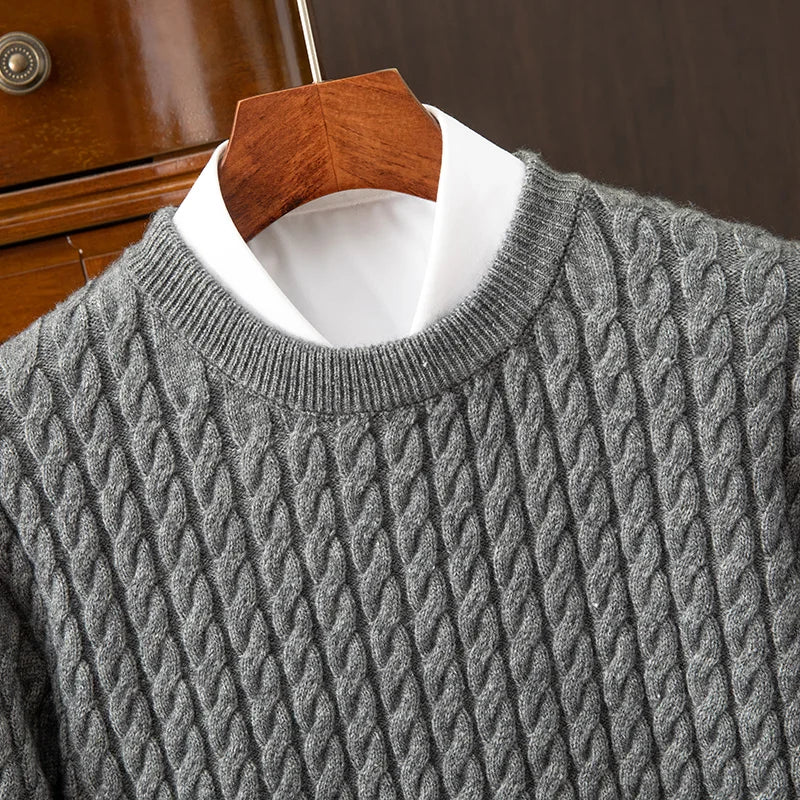 Pull pour homme en mélange de laine torsadée, col rond, parfait pour l'automne et l'hiver, détails côtelés et sportifs