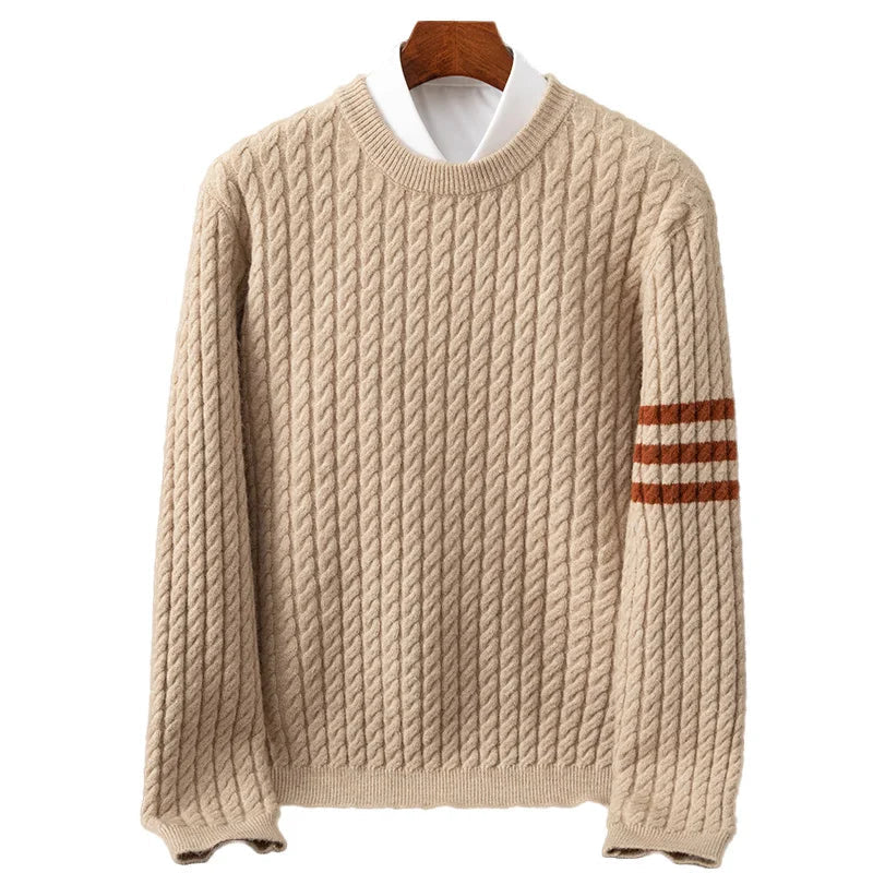 Pull pour homme en mélange de laine torsadée, col rond, parfait pour l'automne et l'hiver, détails côtelés et sportifs