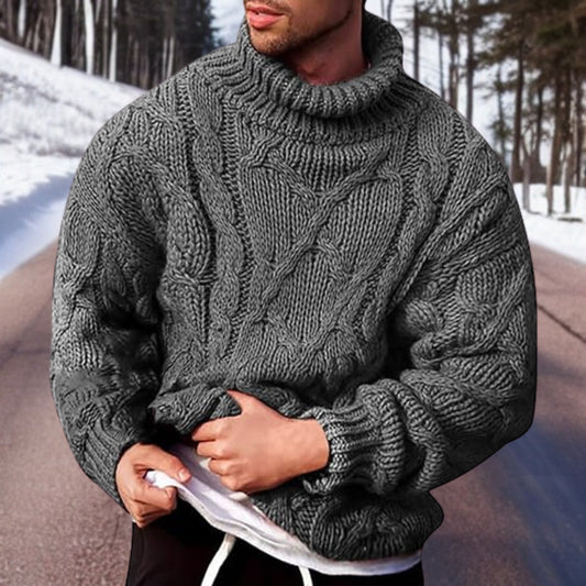 Men's Cable Knit Sweater with Turtleneck – Oversized Winter Fit, Comfortable and Elegant