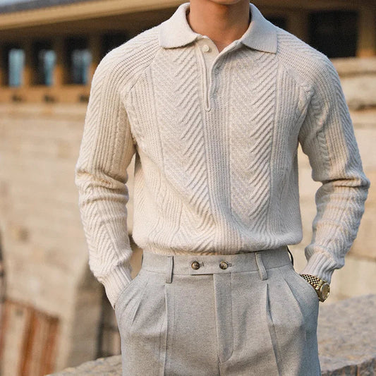 Warm Men's Polo Shirt with Refined Collar and Chevron Texture – Relaxed Fit