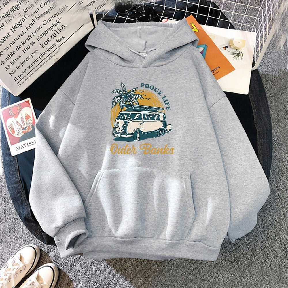 Pull à Capuche Unisexe Surdimensionné en Polyester avec Graphique Vintage de Surf et Poche Kangourou – Confortable et Stylé 6