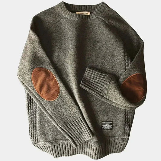 Round Neck Sweater for Men in Wool Blend with Leather Elbow Patches – Comfort and Style