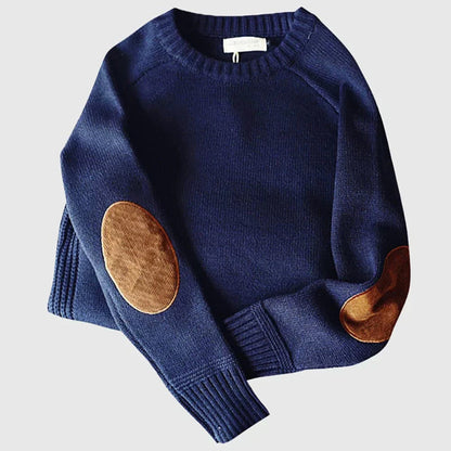 Round Neck Sweater for Men in Wool Blend with Leather Elbow Patches – Comfort and Style