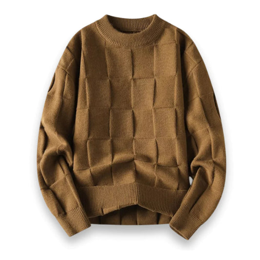 Cotton Sweater for Men - Crew Neck, Casual Fit, Checkerboard Knit