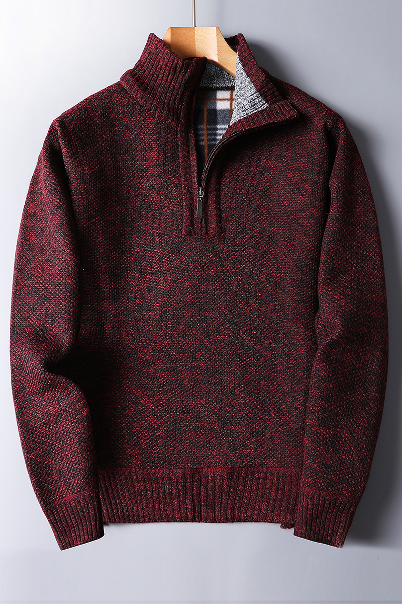 Knit Sweater for Men with Half-Zip Stand Collar – Wool Blend and Casual Style