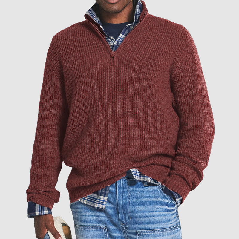 Pull en maille côtelée pour homme avec col montant et demi-fermeture éclair – Confortable et élégant pour le bureau et les loisirs