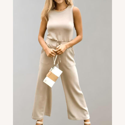 Ensemble élégant pour femme en tissu doux – Débardeur sans manches et pantalon large taille haute