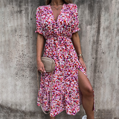 Robe longue de soirée pour femme avec encolure en V et fente – Élégante et fluide pour le dîner et les occasions spéciales