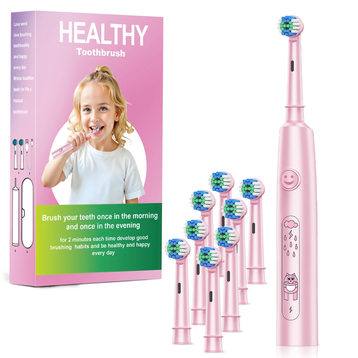Brosse à dents électrique ronde avec 5 modes de nettoyage et poils doux – Rechargeable par USB avec 4/8 têtes de rechange