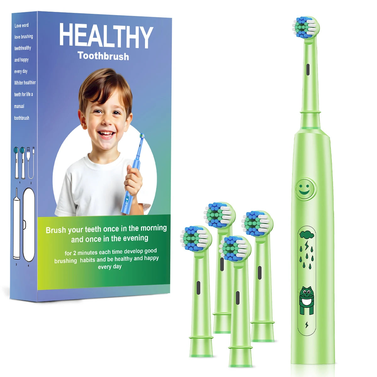 Brosse à dents électrique ronde avec 5 modes de nettoyage et poils doux – Rechargeable par USB avec 4/8 têtes de rechange