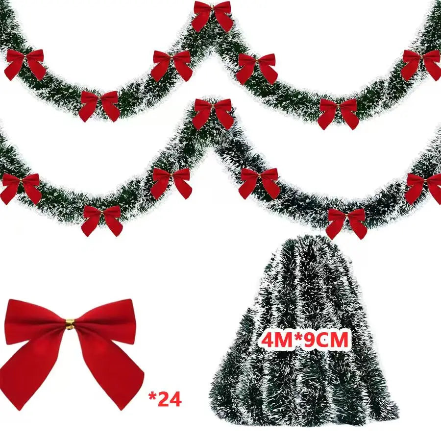 Ruban de Noël en Canne Verte, 10M avec Nœuds – Décoration pour Sapin et Couronne