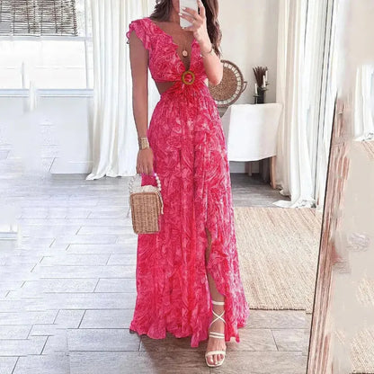 Robe longue de soirée pour femme à col en V et motif floral – Élégante et polyvalente pour toutes les occasions