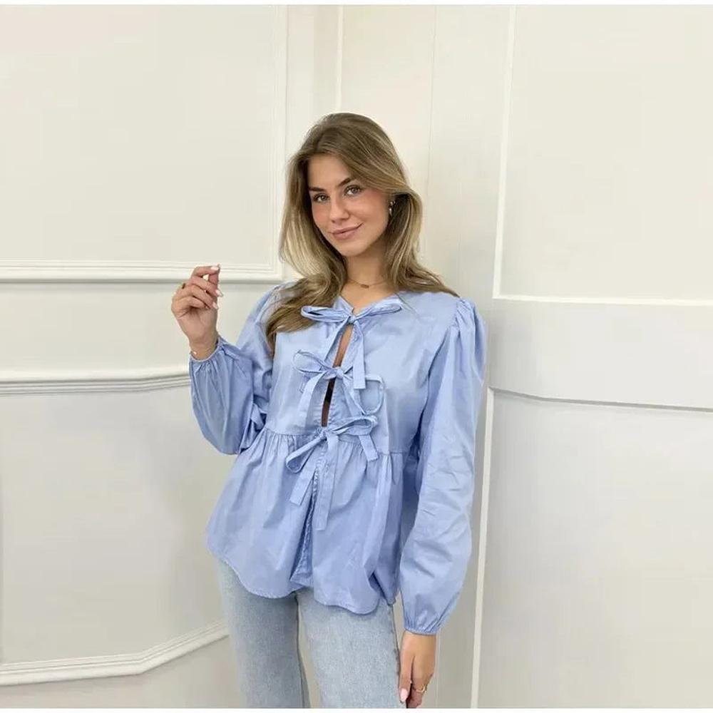 Blouse nouée féminine en coton léger avec manches bouffantes – Col en V élégant et coupe ample