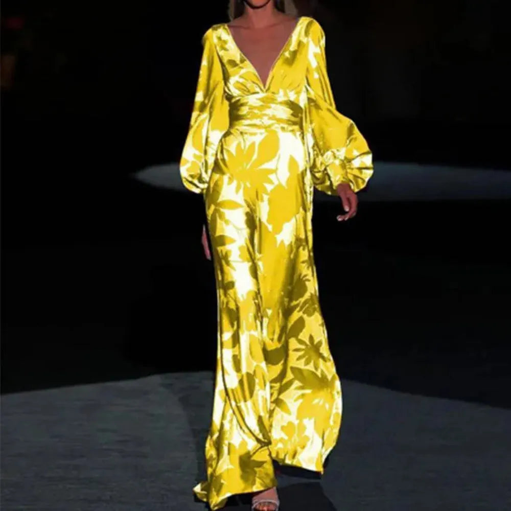 Robe longue élégante pour femme avec col en V et manches bouffantes – Style bohème décontracté
