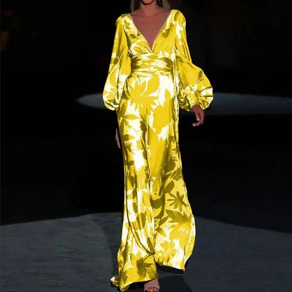 Robe longue élégante pour femme avec col en V et manches bouffantes – Style bohème décontracté