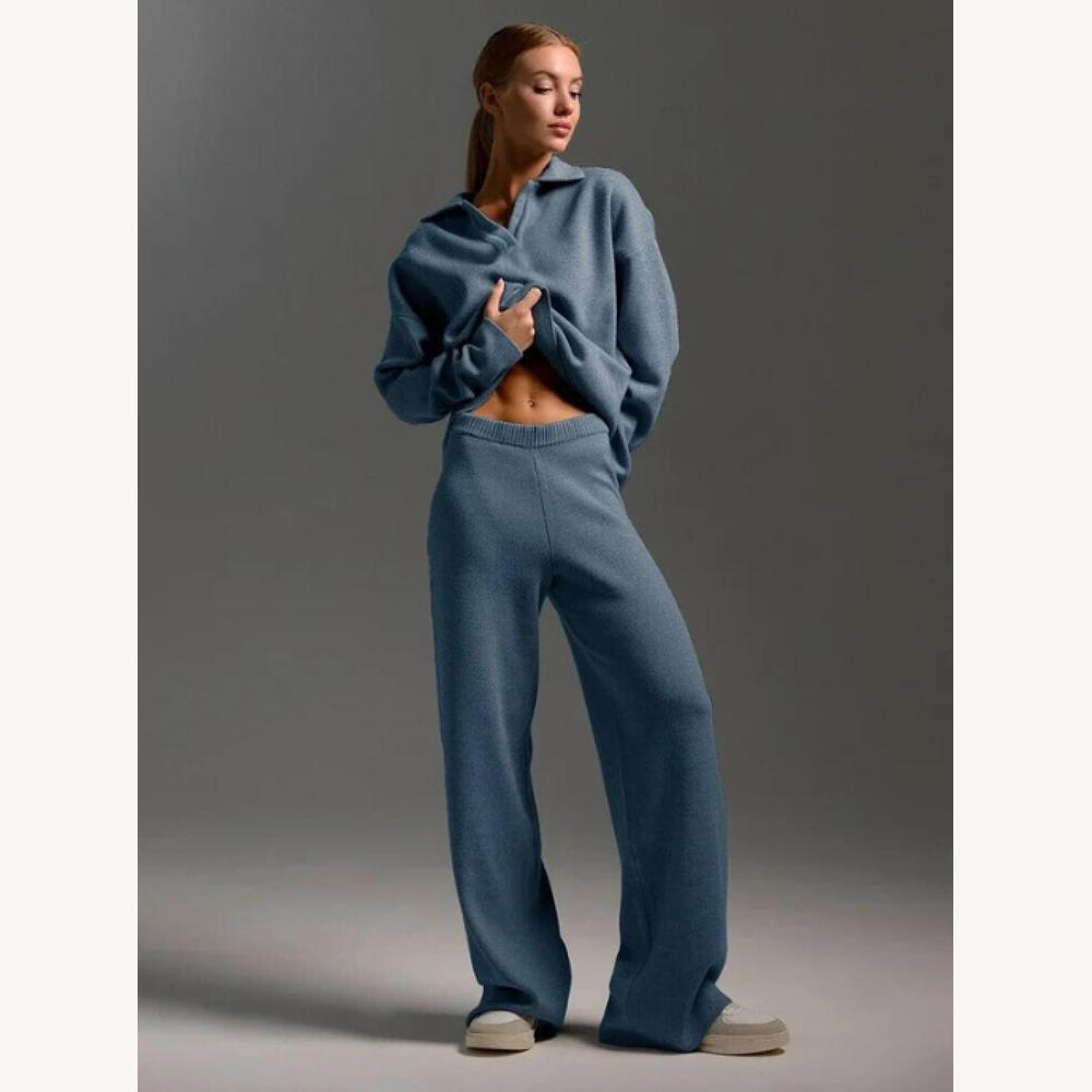 Ensemble élégant pour femme en acrylique – Haut à col polo surdimensionné et pantalon ample, confort raffiné pour l'automne et l'hiver