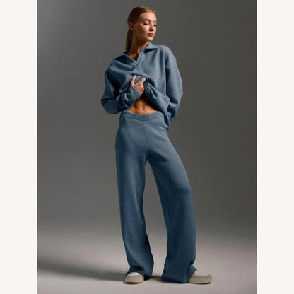Ensemble élégant pour femme en acrylique – Haut à col polo surdimensionné et pantalon ample, confort raffiné pour l'automne et l'hiver