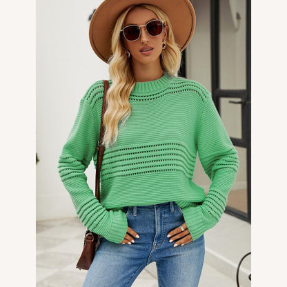 Pull-over ajouré décontracté pour femme à col rond – Manches longues, coupe ample, idéal pour les tenues de tous les jours et de rue