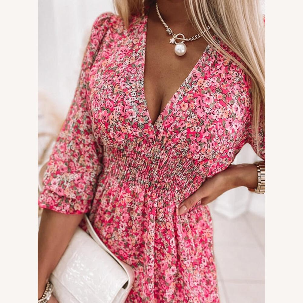 Robe d'été élégante pour femme avec encolure en V – Robe longue confortable en polyester pour les journées estivales