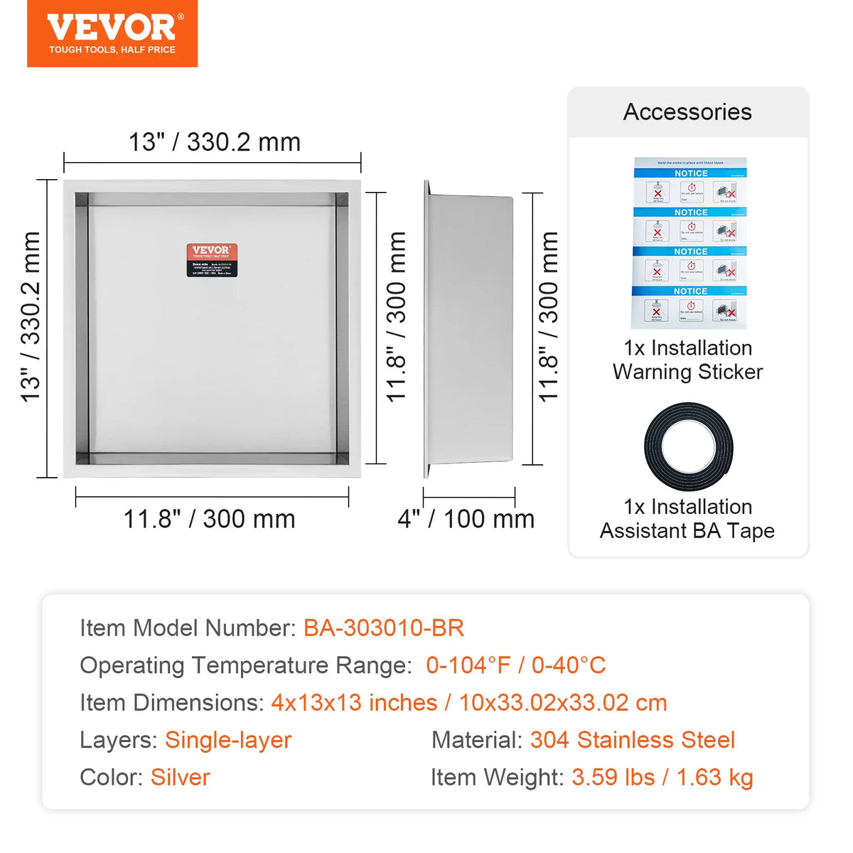 Sensa Shower Niche | 304 Stainless Steel, Waterproof Recessed Shelf