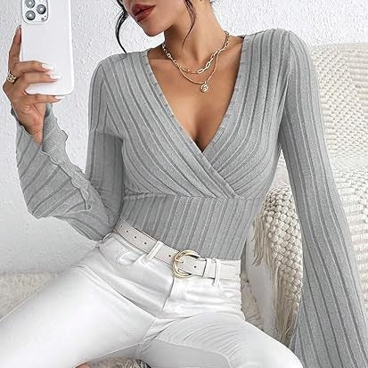 Sera Long Sleeve Top | Ribbed Knit, V-Neck