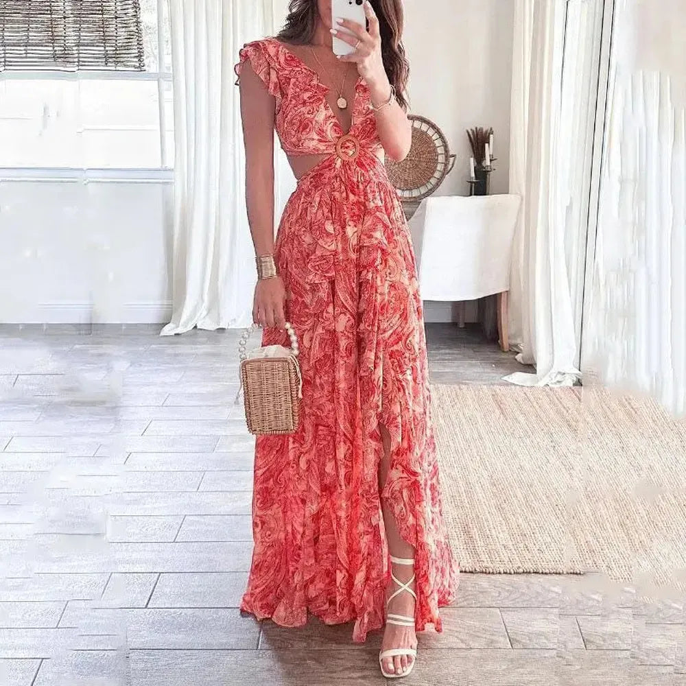 Robe longue de soirée pour femme à col en V et motif floral – Élégante et polyvalente pour toutes les occasions