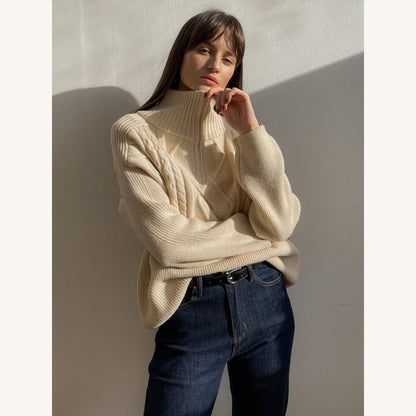 Pull tricoté torsadé à fermeture éclair pour femme – Confort et élégance, col montant, coupe décontractée, coton et acrylique