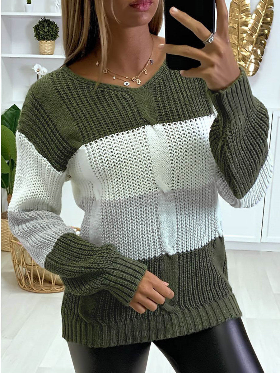 Pull Sofia à col en V | Tricot bicolore, coupe décontractée