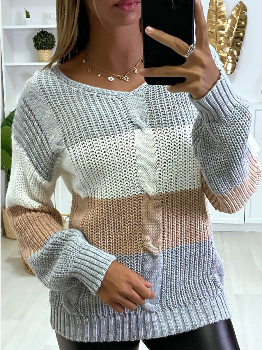 Pull Sofia à col en V | Tricot bicolore, coupe décontractée