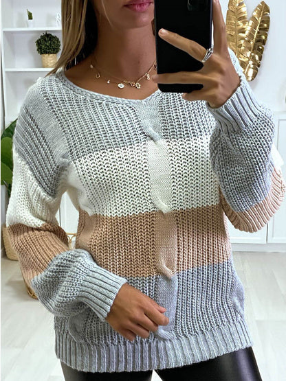 Pull Sofia à col en V | Tricot bicolore, coupe décontractée