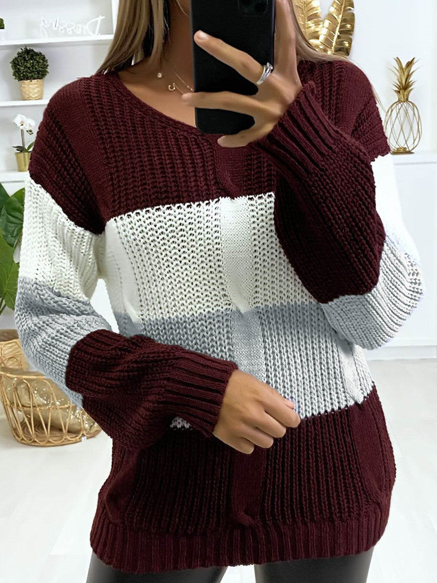 Pull Sofia à col en V | Tricot bicolore, coupe décontractée