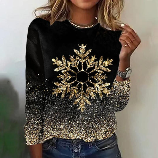 Sofia Women's Top | Soft Cotton, Metallic Gold Snowflake Print