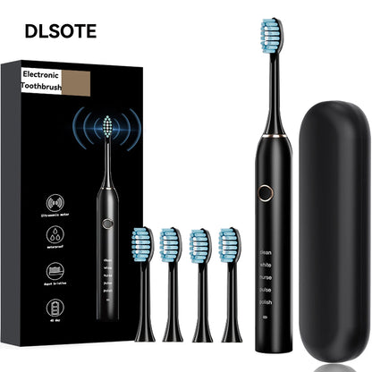 Brosse à dents électrique sonique avec 4 têtes de rechange, 5 modes et 3 niveaux d'intensité – Rechargeable et étanche