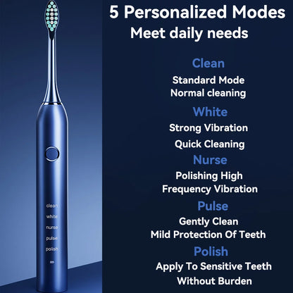 Brosse à dents électrique sonique avec 4 têtes de rechange, 5 modes et 3 niveaux d'intensité – Rechargeable et étanche