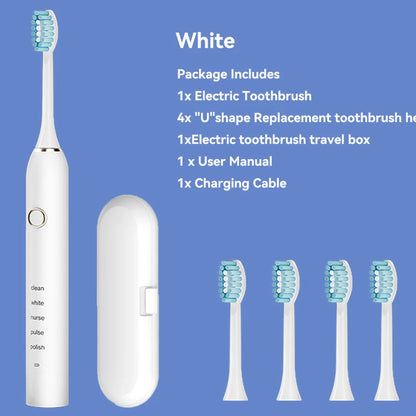 Brosse à dents électrique sonique avec 4 têtes de rechange, 5 modes et 3 niveaux d'intensité – Rechargeable et étanche