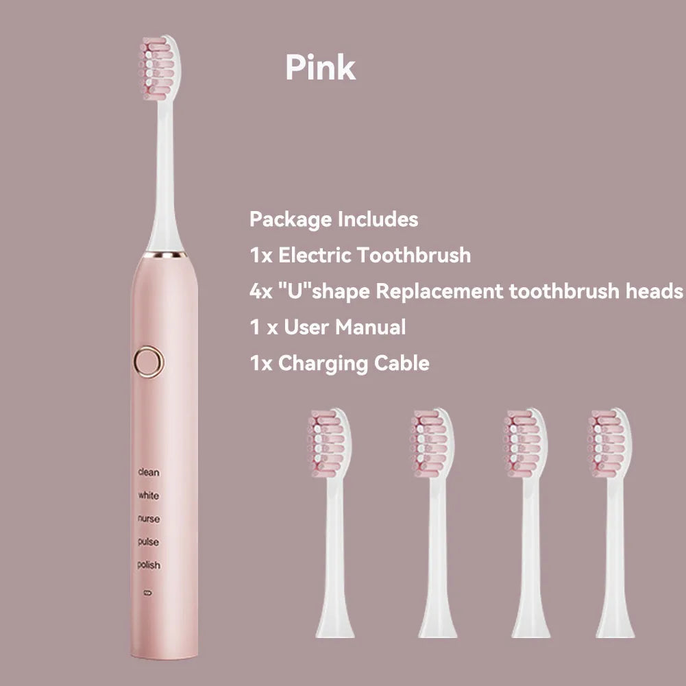 Brosse à dents électrique sonique avec 4 têtes de rechange, 5 modes et 3 niveaux d'intensité – Rechargeable et étanche