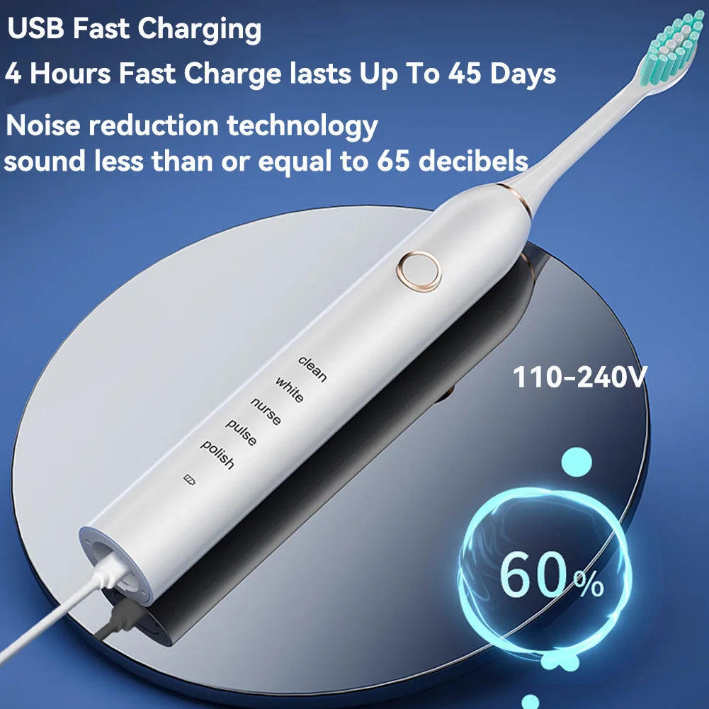 Brosse à dents électrique sonique avec 4 têtes de rechange, 5 modes et 3 niveaux d'intensité – Rechargeable et étanche