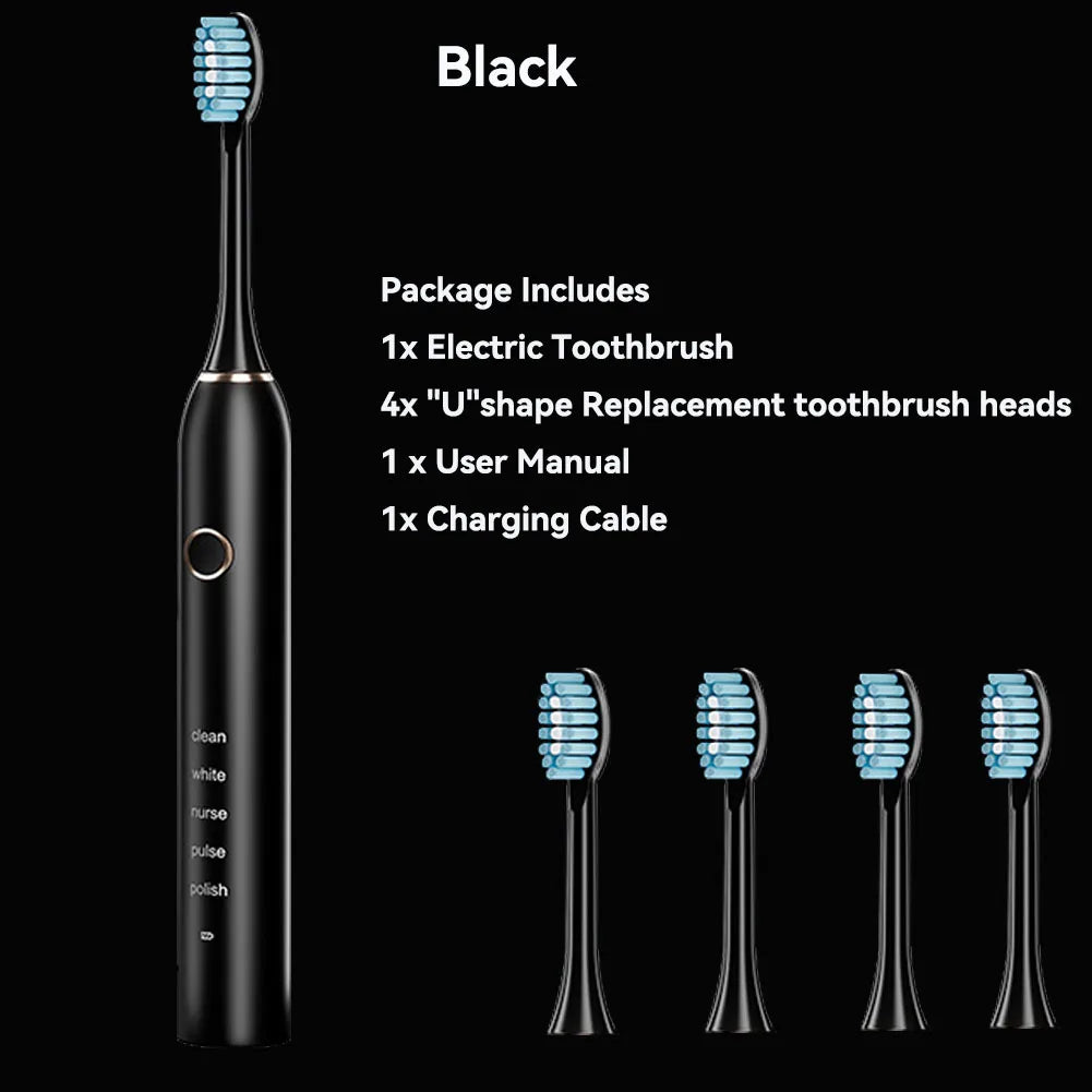 Brosse à dents électrique sonique avec 4 têtes de rechange, 5 modes et 3 niveaux d'intensité – Rechargeable et étanche