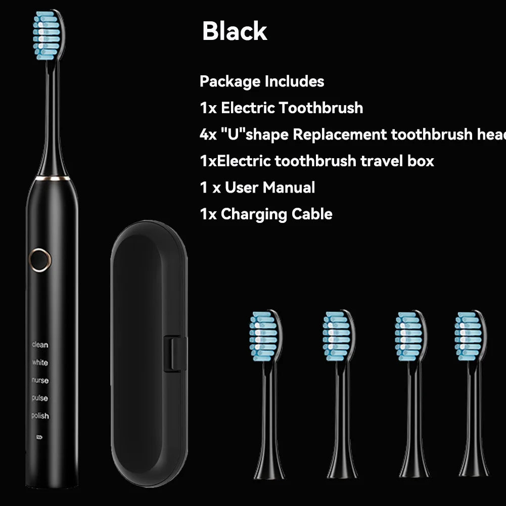 Brosse à dents électrique sonique avec 4 têtes de rechange, 5 modes et 3 niveaux d'intensité – Rechargeable et étanche
