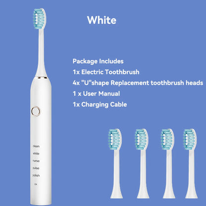 Brosse à dents électrique sonique avec 4 têtes de rechange, 5 modes et 3 niveaux d'intensité – Rechargeable et étanche